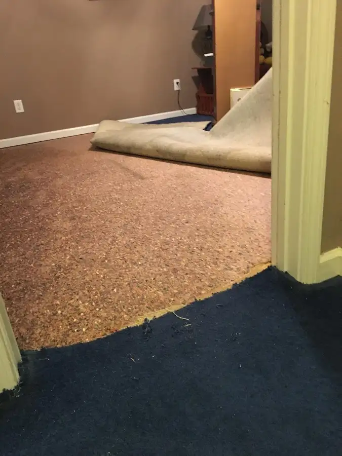 Carpet pad removal revealing water damage during Drying & Dehumidification in Malta
